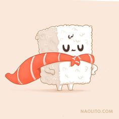 two sushi characters are hugging each other