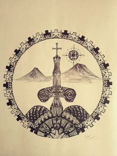 a pen and ink drawing of a cross in the middle of a circle with mountains behind it