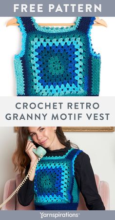 the crochet retro granny motif vest is shown with text that reads free pattern