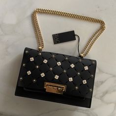 Nwt - Zac Posen - Eartha Medium Chain Shoulder Bag - Black - Leather - Gold Chain - Protective Sticker - No Dust Bag Or Box Designer Shoulder Bag With Chain Strap For Evening, Luxury Evening Bags With Gold Chain, Elegant Party Shoulder Bag With Branded Hardware, Elegant Party Bags With Branded Hardware, Luxury Shoulder Bag With Gold Chain For Party, Luxury Bags With Gold Chain For Party, Elegant Leather Evening Bag With Chain, Luxury Shoulder Bag With Gold-tone Hardware For Night Out, Luxury Black Shoulder Bag With Gold Chain