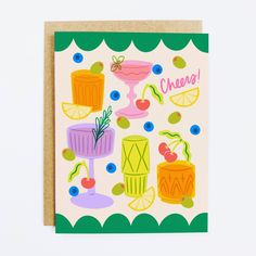 a greeting card featuring colorful cocktails and cherries