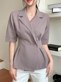 Women's Cross-Wrap Single-Button Short-Sleeved Blazer In Neutral Color Brown Elegant  Short Sleeve Woven Fabric Plain Regular Non-Stretch Spring/Summer Women Clothing, size features are:Bust: ,Length: ,Sleeve Length: Magazine Editor, Women Blazers, Neutral Color, Kids Beachwear, Primavera Estate, Blazers For Women, Neutral Colors, Suits For Women, Summer Women