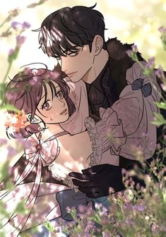 an image of a man and woman hugging in the grass with flowers behind them on their backs