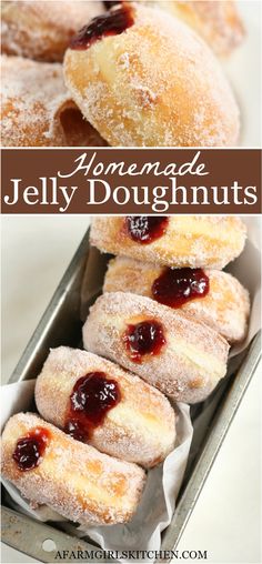 jelly donuts are sitting in a pan on a striped tablecloth with the words jelly donuts above them