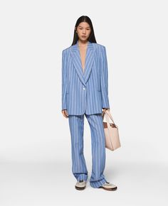 Women Blue with white pinstripe Striped Single-Breasted Blazer | Stella McCartney US Spring Pantsuit With Notch Lapel And Pressed Crease, Modern Spring Pantsuit With Notch Lapel, Modern Notch Lapel Pantsuit For Spring, Baby Boy Dress, Short Denim Skirt, Knitwear Dress, Stella Mccartney Adidas, Back Women, Breasted Blazer