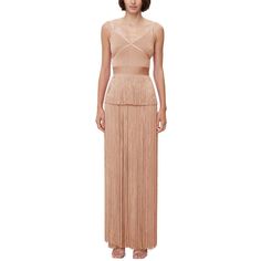 Color/Pattern: Met Rose Gold Design Details: Metallic Fringe Skirt, V-Neck Center Back Zipper 71% Recycled Rayon 21% Polyester 7% Nylon 1% Spandex Dry Clean Only Imported Fringe Gown, Fringe Skirt, Herve Leger, Gold Design, Color Patterns, Design Details, Metallica, Dresser, Ottoman