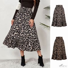 Elluis - Sophisticated High-Waist Pleated Midi Skirt in Exquisite Floral Animal Print, Infused with Elegance Leopard Print Flowy Long Skirt, Flowy Long Leopard Print Skirt, Long Flowy Leopard Print Skirt, Leopard Print Fitted Midi Skirt, Fitted Leopard Print Midi Skirt, High Waist Leopard Print Skirt For Fall, Fall Leopard Print Midi Skirt, Stretch Leopard Print Skirt, High Waist Ruffled Skirt For Fall