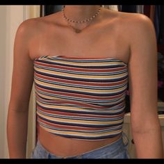 Cute Striped Crop Top, Only Worn Once. No Flaws And Is In Brand New Condition Casual Multicolor Strapless Crop Top, Multicolor Strapless Casual Crop Top, Casual Multicolor Strapless Top, Casual Multicolor Stretch Tube Top, Casual Fitted Multicolor Tube Top, Casual Multicolor Fitted Tube Top, Garage Tops, Striped Crop Top, Fancy Dresses