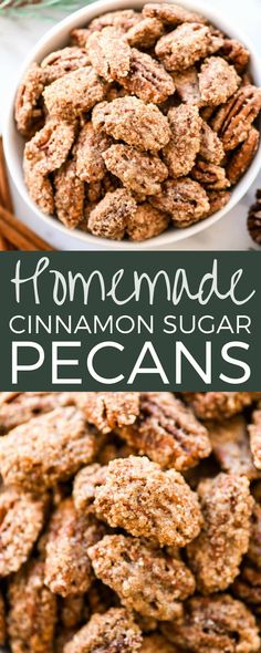 homemade cinnamon sugar pecans in a white bowl