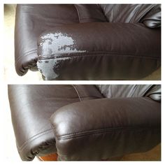 two pictures of a brown leather couch with white patches on it