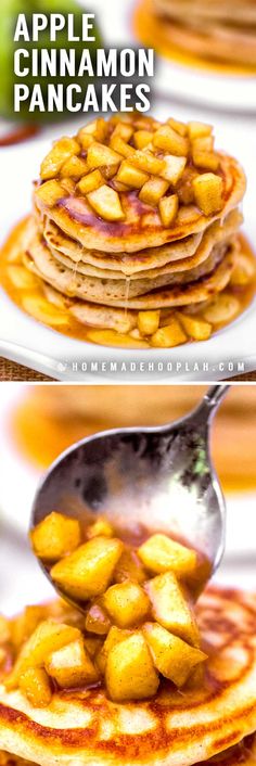 apple cinnamon pancakes are stacked on top of each other