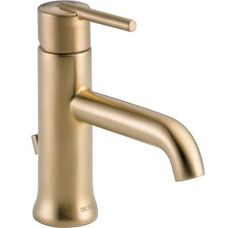 a gold faucet with the water logo above it