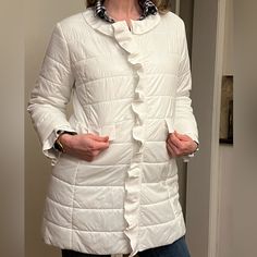 -Nwot -Patty Kim Brand -White Color -Adorable Ruffle Details And Buttons On The Front -Tag Says Size Large, But It Fits Like A Medium. It Fits Me Perfectly (5’8 140 Lbs) -Falls A Little Below The Waist Cream Ruffled Outerwear For Winter, Winter Cream Outerwear With Ruffles, Casual White Outerwear With Ruffles, Fitted Cream Outerwear With Ruffles, Cream Long Sleeve Outerwear With Ruffles, White Ruffled Long Sleeve Outerwear, White Long Sleeve Outerwear With Ruffles, Cream Ruffled Winter Outerwear, 140 Lbs