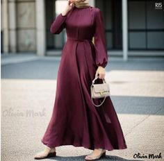 Olivia Mark - Stylish and Elegant Long Robe Dress with Round Neck, Long Sleeves, Belted Waist, and Loose Fit Colour Blocking Fashion, Houndstooth Dress, High Waist Dress, Empire Waist Dress, Loose Fitting Dresses, Crewneck Dress, Modest Fashion Outfits, Dress With Tie, Bell Sleeve Dress