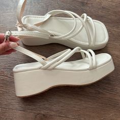 Comfy, Has An Ankle Strap, Low Platform, Not Sure Of The Brand, Has Original Boxing Platform Sandals White, Chunky Platform Sneakers, White Platform Sandals, White Platform, Cork Wedges Sandals, Platform Loafers, Platform Heels Chunky, Cruise Outfits, Madden Girl