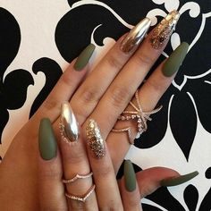 Olive Green Nails. Chrome Nails. Gold Nails. Acrylic Nails. Matte Nails. #beautifulacrylicnails Nails Gold, Short Coffin Nails, Gold Nail, Acrylic Coffin, Coffin Nails Long, Round Nails, Colorful Nail Designs, Nail Swag, Coffin Nails Designs