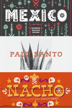 the mexican poster is shown in three different colors and sizes, including red, orange, green