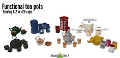 several teapots and cups are shown in this image with the words functional tea pots serving 1 - 2 / 4 cups