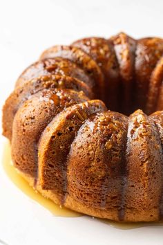 a bundt cake is sitting on a white plate