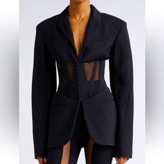 Brand New, Never Worn Mugler For H&M Black Corset Style Blazer. Premier Designer, Expertly Tailored Single Breasted Jacket. Wool Twill. Bold Shoulder Pads Strike A Defined Silhouette. Classic Corset Detail In Mesh With Boning And Hook And Eye Fasteners. Extra Long Sleeves With Button At Cuffs. Angled Chest Pocket And Vent At Back. Partially Lined. Stunning Blazer To Make A Bold Statement. Mugler Looks, Corset Blazer Outfit, Corset Suit Outfit, Mugler Aesthetic, Mugler Outfit, Mugler Jacket, Underbust Corset Outfit, Mugler Corset, Corset Suit