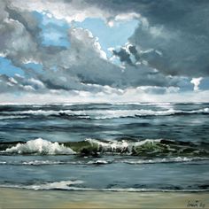 an oil painting of the ocean and clouds