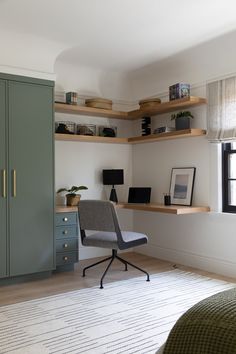 a chair sits in the middle of a room with shelves on either side of it