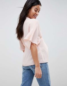 Maternity top by ASOS DESIGN V-neck Twist front Wide-cut sleeves Regular cut Fits you just right Designed to fit you from bump to baby Chic Pink V-neck Top For Spring, Feminine Blush Tops For Summer, Chic Blush Tops For Summer, Chic Blush Top For Summer, Chic Blush Summer Tops, Chic Pink V-neck Top, Elegant Spring Tops With Kimono Sleeves, Pink Wrap Tops For Summer, Pink Wrap Top For Summer