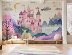 Enter a realm of wonder with our Magical Fortress mural wallpaper. Craft a haven where your child's creativity knows no limits, featuring a whimsical fortress nestled in the very soul of their space. This mesmerizing mural conjures the allure of fortresses, valiant knights, and graceful princesses, transforming it into the ideal enhancement for your child's bedroom or play area. Allow the walls to weave a narrative of exploration, aspirations, and boundless potential with this spellbinding wallp Disney Princess Nursery Mural, Unicorn Wallpaper For Home, Princess Nursery Wallpaper, Disney Princess Castle Mural, Unicorn Wallpaper Mural, Unicorn Mural, Princess Mural, Wallpaper Craft, Pink Nursery Wallpaper