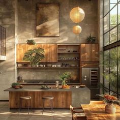 an open kitchen with wooden cabinets and counter tops, potted plants on the island