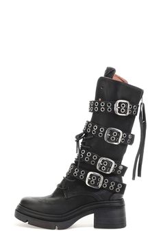 Make your escape easily in this lace-up, quadruple-strapped leather boot featuring a convenient zip exit and a minimally carved thick sole. 2 1/2" heel; 1 1/2" platform 11" shaft Lace-up style; side zip closure Leather upper and lining/rubber sole Imported Leather Moto Boots With Rivets In Grunge Style, Grunge Leather Moto Boots With Rivets, Gothic Leather Lace-up Moto Boots, Gothic Lace-up Leather Moto Boots, Grunge Lace-up Leather Moto Boots, Grunge Leather Lace-up Boots For Alternative Fashion, Gothic Leather Lace-up Boots With Lug Sole, Leather Lace-up Boots For Alternative Fashion, Alternative Leather Moto Boots With Buckle Closure