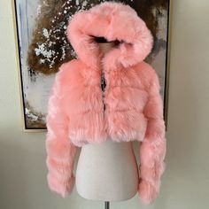 Baby Pink Faux Fur Cropped Jacket~ Size Small~ New Without The Tags~ Fluffy Faux Fur Outerwear For Spring, Fluffy Long Sleeve Fall Outerwear, Trendy Fluffy Long Sleeve Outerwear, Fluffy Long Sleeve Outerwear For Fall, Trendy Winter Outerwear With Faux Fur Trim, Fitted Cropped Winter Jacket, Trendy Fluffy Spring Fur Coat, Trendy Fluffy Fur Coat For Spring, Fluffy Long Sleeve Outerwear For Cold Weather