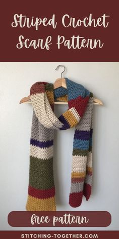 the striped crochet scarf pattern is hanging on a hanger with text overlay that reads, striped crochet scarf pattern free pattern