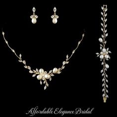 Gold Freshwater Pearl and CZ Wedding Jewelry Set with Bracelet Pearl Necklace With Diamond Accents For Wedding, Wedding Pearl Necklace With Diamond Accents, Wedding Jewelry With Pearl And Diamond Accents, Wedding Jewelry Set, Pearl Bridal Jewelry, Bridal Jewelry Set, Bracelet Diamond, Fabulous Wedding, Gold Wedding Jewelry