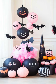 Halloween balloon display with pink and black balloons, bat cutouts, and pumpkin decorations. Spooky Birthday Decorations, Black And Pink Halloween Decorations, Black And Pink Halloween, Facial Business, Cute Stranger Things, Pink And Black Halloween, Pink Halloween Decor, Dollar Tree Halloween Decor