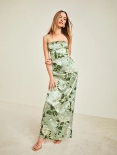 Frankie Silk Dress - Sleeveless Maxi/Long | Reformation Frankie Silk Dress, Floral Bridesmaid Dresses, Ankle Length Dress, Reformation Dress, Silky Dress, Tea Garden, Green Floral Dress, Reformation Dresses, Silk Maxi Dress