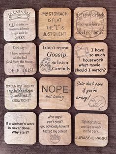 wooden coasters with different sayings on them