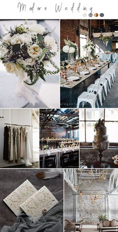 a collage of photos with white flowers and greenery on the tables, chairs, tablecloths, and napkins