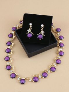 3pcs/Set Gold-Tone Circular Purple Sparkling Rhinestone Necklace And Earrings Set For Women, Valentine's Day, Mother's Day, Graduation, Party, Wedding | SHEIN USA Party Jewelry With Matching Alloy Earrings, Party Alloy Jewelry With Matching Earrings, Party Jewelry Sets With Jewels In Alloy, Alloy Jewelry Sets With Jewels For Party, Metal Jewelry Sets With Matching Earrings For Party, Party Jewelry Sets With Matching Earrings, Party Jewelry Sets With Matching Round Earrings, Purple Crystal Jewelry Set For Party, Jewelry For Wedding