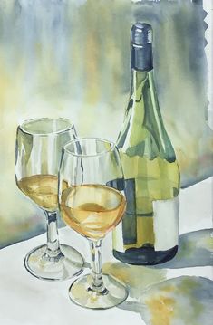 a painting of two wine glasses and a bottle on a table with watercolor paper