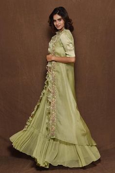 Shop for Vara by Vibha n Priti Green Chiffon Embroidered Cape And Lehenga Set for Women Online at Aza Fashions Bohemian Fitted Gown With Resham Embroidery, Spring Wedding Anarkali Set In Pista Green, Fitted Pista Green Sharara For Spring, Spring Organza Set With Traditional Drape, Spring Wedding Pista Green Anarkali Set, Fitted Embroidered Chanderi Gown, Spring Fitted Anarkali Set With Floral Embroidery, Spring Wedding Anarkali Set With Zari Work, Traditional Fitted Gown With Ruffles