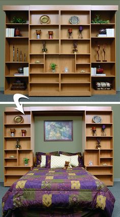 there are two pictures of a bedroom with bookshelves and a bed in it