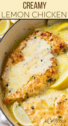 lemon chicken in a skillet with lemons Creamy Lemon Chicken Recipe, Chicken Main Dishes, Buffalo Chicken Dip, Poultry Recipes