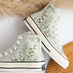 '' Custom Embroidered Wedding Sneaker, Bridal Flowers Embroidered Shoes Custom, Wedding Flowers Embroidered Sneakers, Gifts for Girlfriend , Personalized Wedding Gifts'' 🍀 Price includes Converse Shoes and Floral Embroidery Designs as shown 🍀 🍀 Shoe Type: Converse 1970s 🍀 Shoe color: 9. Summit Sage_1970s 1. DETAILS 🍀 You can send me your Converse, Vans, canvas shoes or I can buy them for you. Custom-ordered embroidered Vans and Converse shoes, please wait another 2-4 days. Each pair is hand embroidered to order, please make sure you put in the correct shoe size before you check out. The embroidery is meticulous and does not fade. 🍀 You will receive Vans and Converse shoes with floral embroidery designs as above. 2. PERSONAL EXPRESSION 🍀 Create your unique vibe by your own design of Lavender Converse, Converse Bleu, Customized Converse, Converse Embroidery, Cute Converse Shoes, Garden Lavender, Embroidered Sneakers, Embroidered Converse, Cute Converse