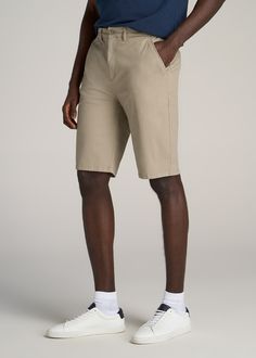 About Our Men's Long Chino Shorts Look stylish and beat the heat in these chino-style tall men's shorts. They're a shorter version of our popular chino pants that you'll want to wear all summer long. Finding clothes when you're tall is hard enough, but finding shorts is a whole other story – you need a pair that's long enough while still providing a flattering fit. That's where we come in. We crafted these shorts with your height in mind, with two different inseam options that end at the knee an Cozy Sleepwear, Tall Men, Chinos Style, Sports Blazer, Long Sleeve Tee Shirts, Beat The Heat, Chino Pants, Khaki Chinos, Look Stylish