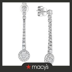 in stock White Gold Halo Design Dangle Diamond Earrings, Formal Dangle Diamond Earrings With Halo Setting, Timeless White Gold Round Linear Earrings, White Gold Round Linear Earrings Fine Jewelry, Macy's Elegant Halo Design Earrings, Silver Linear Earrings With Diamond Accents For Anniversary, Macy's Formal Earrings With Halo Design, Classic Halo Design Earrings By Macy's, Macy's Formal Earrings With Brilliant Cut