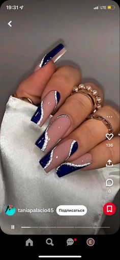 Navy And Silver Nails, Royal Blue Nails Designs, Blue Prom Nails, Cowboy Nails, Blue And Silver Nails, Homecoming Nails Blue, Blue And White Nails, Royal Blue Nails, Dark Blue Nails