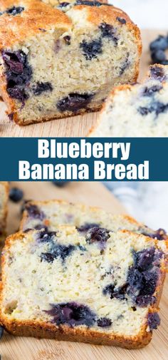 blueberry banana bread cut in half on a cutting board