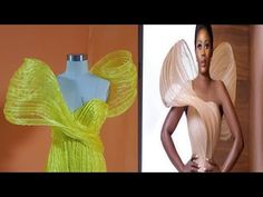 a woman in a yellow dress next to a mannequin with wings on it