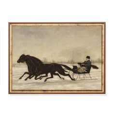 two framed paintings of horses and jockeys in the snow, one with a horse drawn sleigh