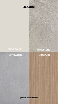 the different colors of wood and stone in japan, with text that reads wall paint limewash light oak